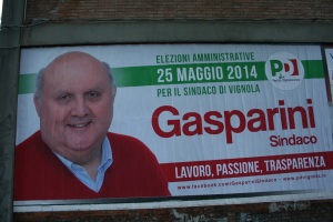 Manifesto elettorale di Giancarlo Gasparini, candidato sindaco del PD (foto del 12 aprile 2014)
